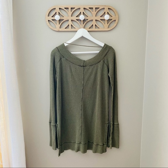 Free People Waffle Knit Split Hem Tunic Top Green Sz Medium - Picture 5 of 8